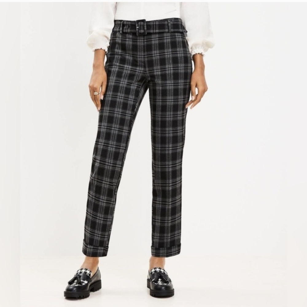 NWT Loft Petite Belted Devin Slim Pants In Black Plaid 12 Petite, Regular